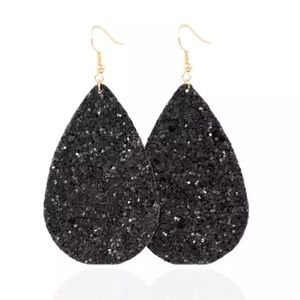 Leather Glitter Teardrop Earrings Black